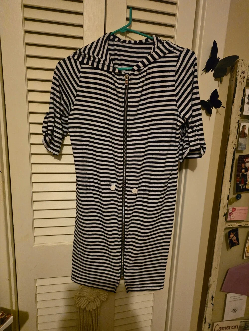 Navy and White Striped Hooded Zip Dress/Bathing Suit Cover-up